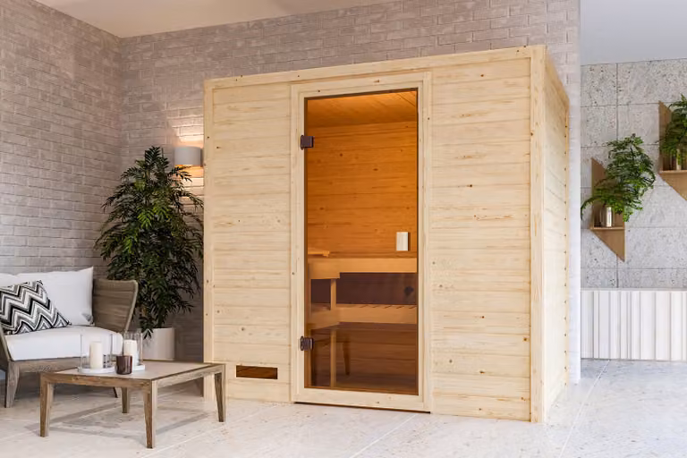 Sauna Woodfeeling Selena (ingresso frontale), porta interamente in vetro, finitura bronzo, stufa da 3,6 kW con comando integrato