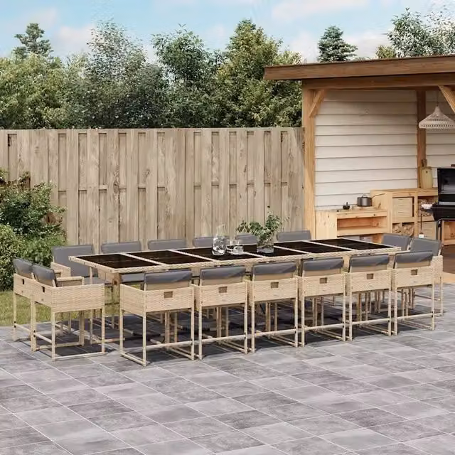 Set Pranzo da Giardino vidaXL in Polyrattan con Tavolo in Vetro e 17 Pezzi, Colore Beige e Grigio – 1