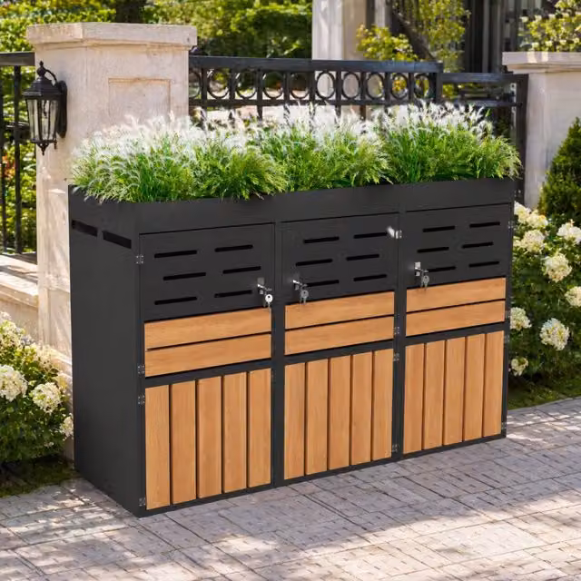 Armadio da esterno multifunzione con fioriera integrata, 3 scomparti separati, ventilazione a lamelle, telaio in acciaio zincato e catena di sicurezza. Per deposito e decorazione giardino (senza cestino rifiuti)