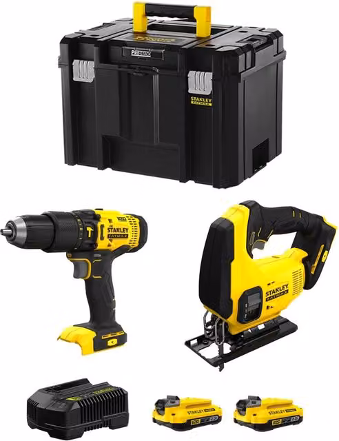 Kit Stanley FatMax SVK204 Giallo con Avvitatore SFMCD711, Seghetto SFMCS600, 2 Batterie da 2,0 Ah, Caricabatteria e Bauletto TSTAK VI