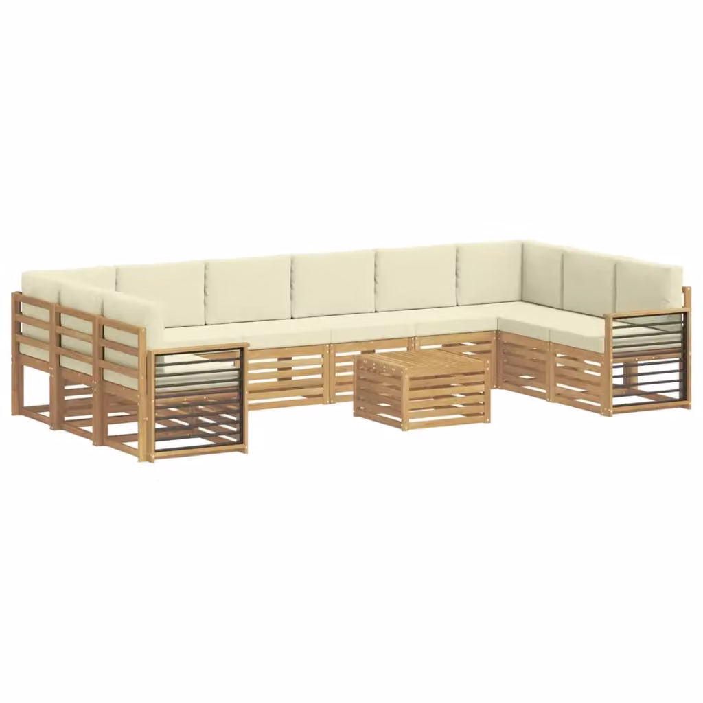 Set di divani da esterno vidaXL a forma di U composto da 11 pezzi in legno di acacia con cuscini bianchi e beige in poliestere resistente ai raggi UV – 2