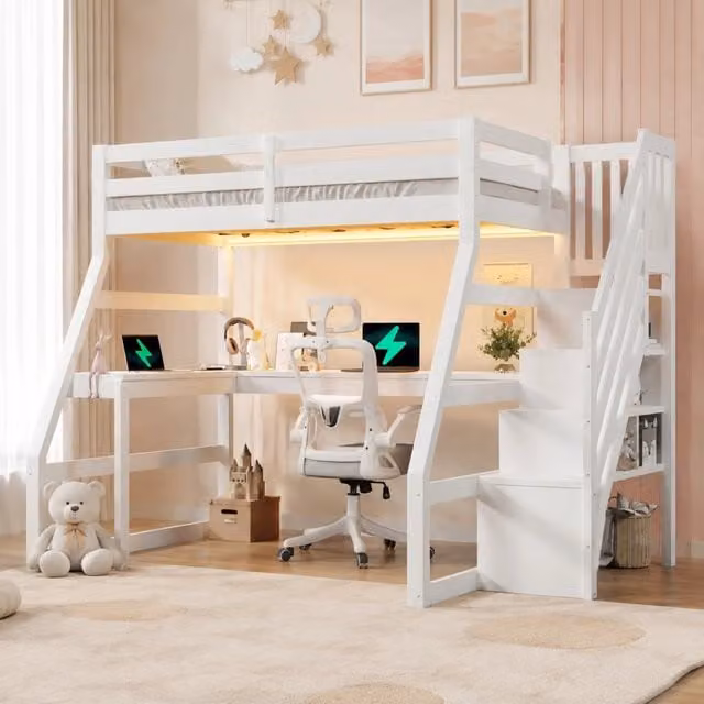 Letto a soppalco in legno 90x200 cm con scrivania; scala con contenitore e LED; bianco