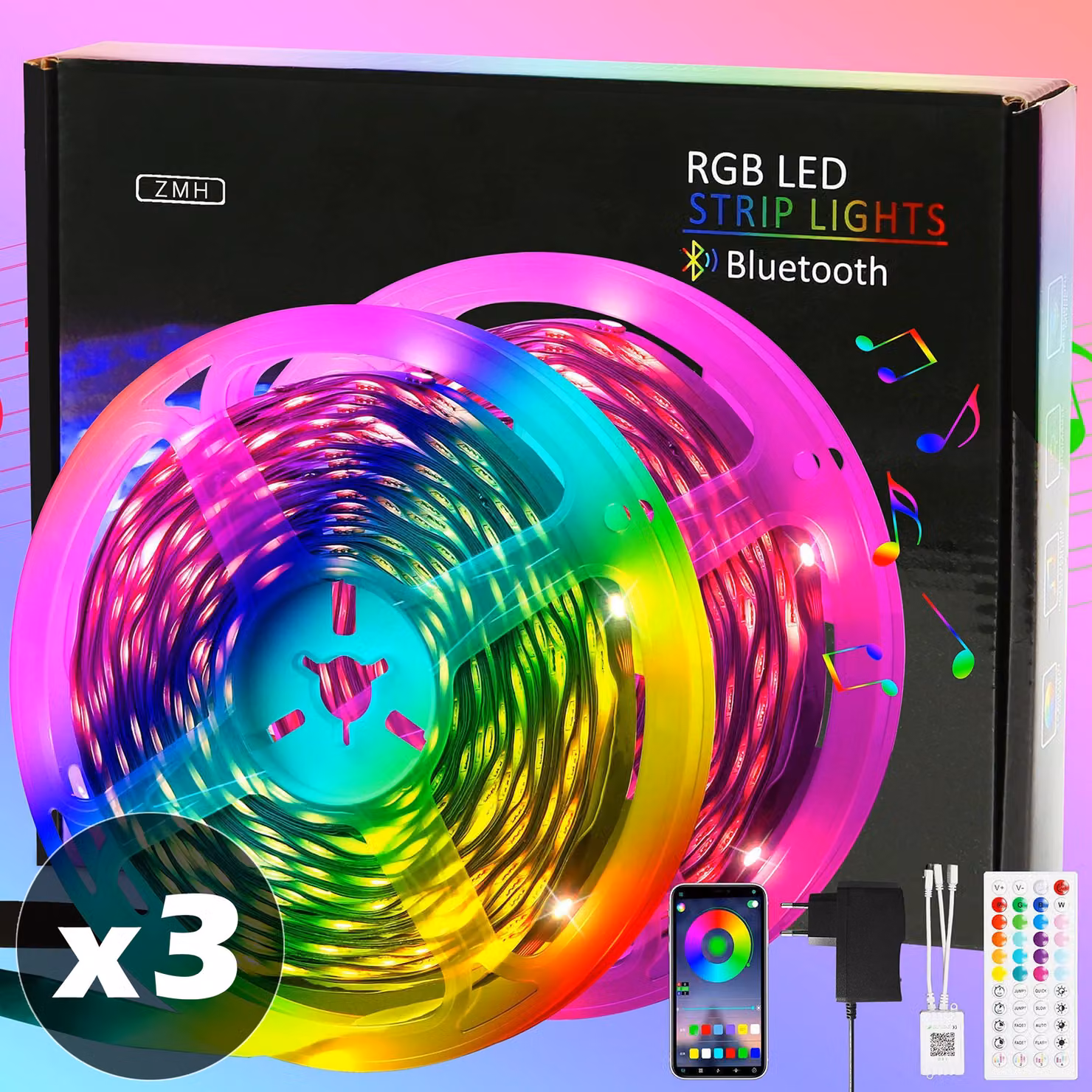 Striscia LED ZMH "3 pezzi Striscia LED Smart - Striscia LED RGB 16 milioni di colori - Catena luminosa musicale regolabile con telecomando Controllabile tramite app, in totale 90 metri di striscia luminosa - Illuminazione a LED per la casa, la festa, la d