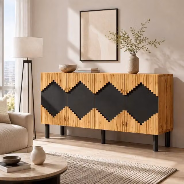 Credenza moderna in MDF e truciolare con 2 ante push-open, colore marrone e nero, L 140 cm x P 40 cm x H 70 cm