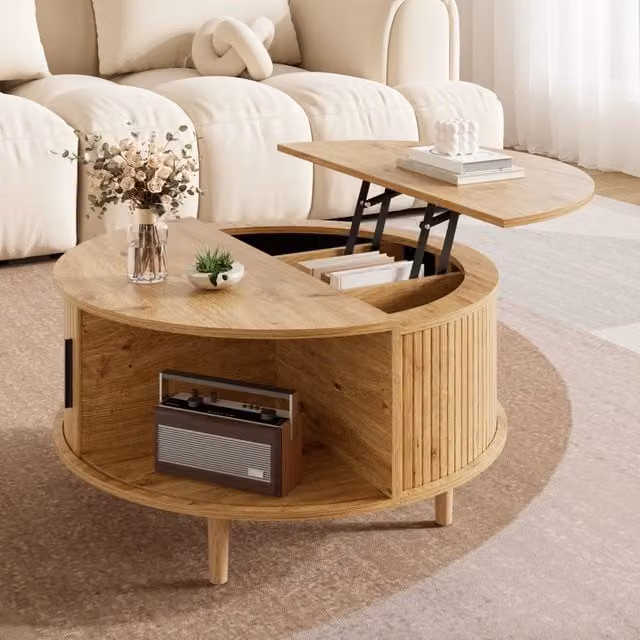 Tavolino basso alzabile rotondo con vano diviso e anta scorrevole MDF colore rovere gambe legno pino 80 × 80 × 59 cm