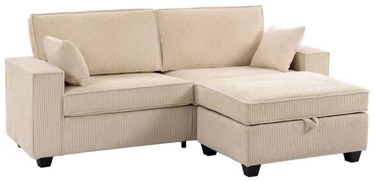 Divano ad angolo - Divano a 3 posti a forma di L - 216 cm - Panca poggiapiedi con spazio contenitore, reversibile - Tessuto effetto corda - Ampia seduta - Profondità della seduta 58 cm - Beige