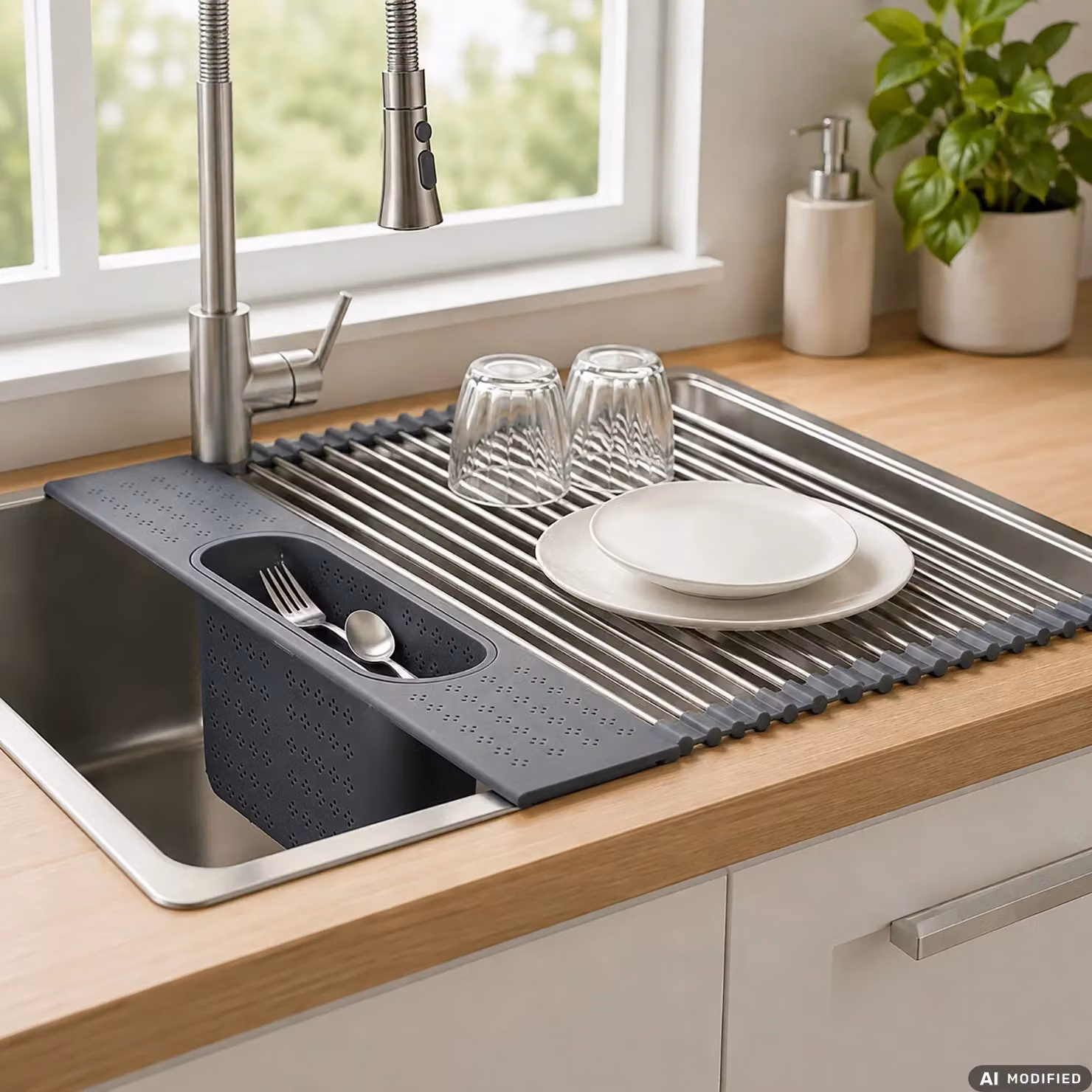 GUSTO CASA Griglia Asciugatutto Pieghevole in Acciaio Inox con Cestello Scolaposate L: 44 cm, P: 20 cm – 2