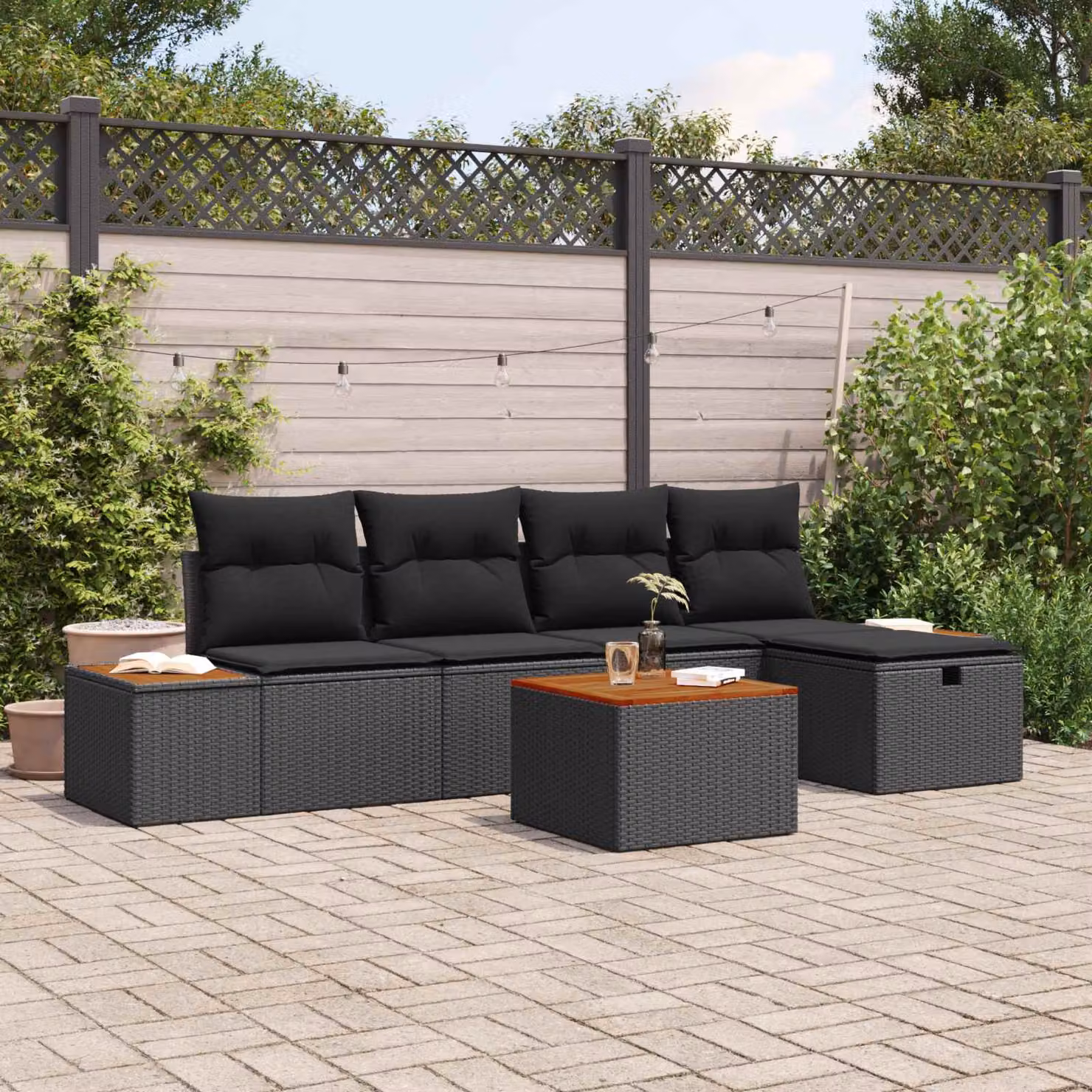 Set Divano da Giardino a L vidaXL 6 pz Nero con Cuscini e Tavolino in Polyrattan e Metallo – 1