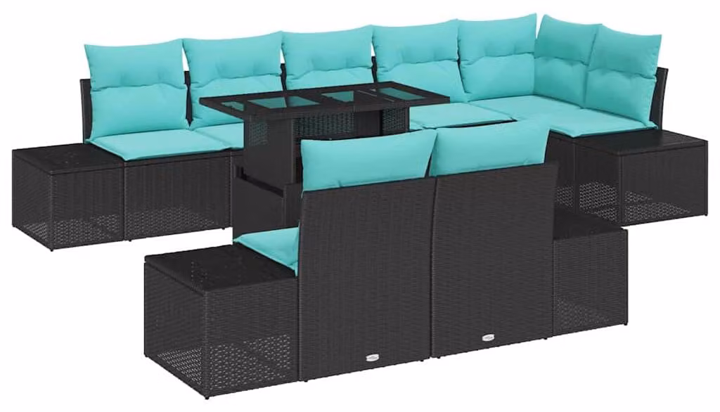 Set da giardino composto da 9 pezzi, colore nero, realizzato in rattan sintetico
