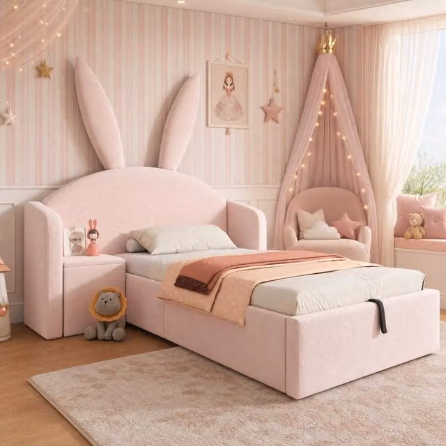 Letto contenitore 90x200 cm in velluto rosa con comodino contenitore