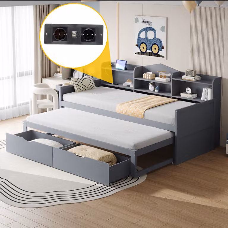 MODFU Letto pieghevole 90x200 cm, letto singolo in legno, letto estraibile 90x190, con due cassetti, ampio spazio di archiviazione e cestino, cassetto USB, grigio, senza materasso