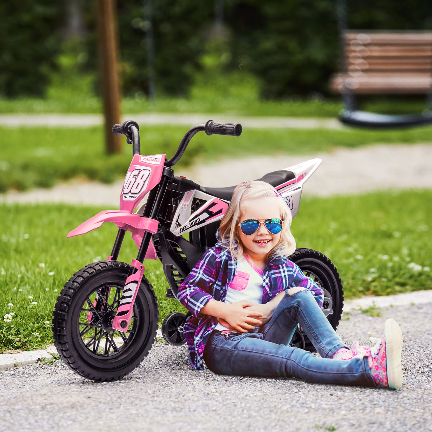 Moto elettrica cross AIYAPLAY 12V per bambini 3-6 anni con 2 motori, rosa, L: 109,5 cm, P: 60 cm, H: 72,5 cm – 2