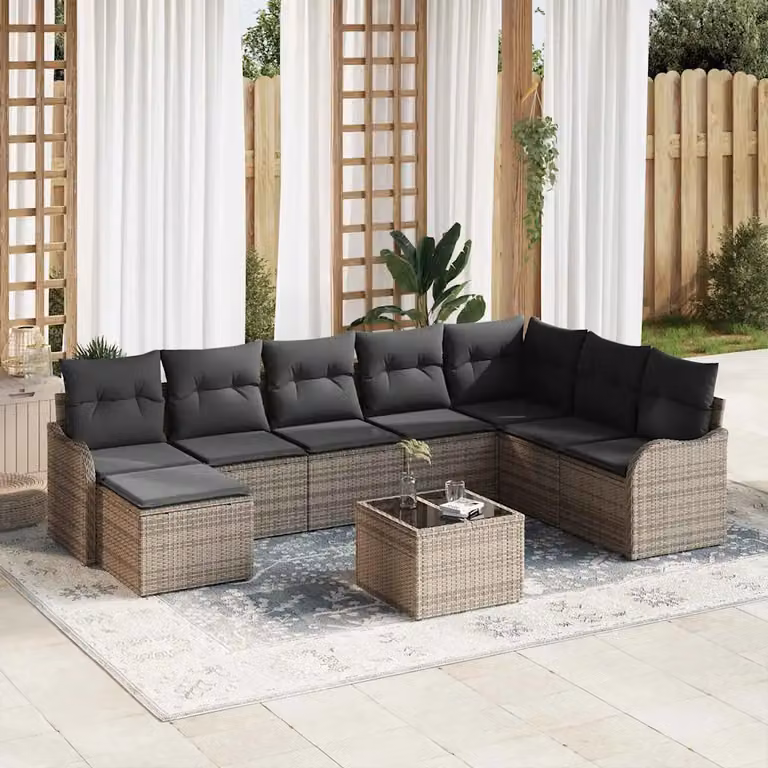 Set Divano da Giardino vidaXL 9 Pezzi a Forma di U Grigio con Cuscini e Tavolino da Esterno in Polyrattan e Metallo