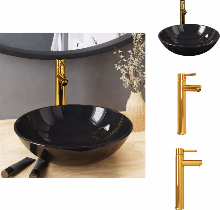 vidaXL Lavandino da bagno con rubinetto e scarico in vetro temperato nero - Lavandino da bagno
