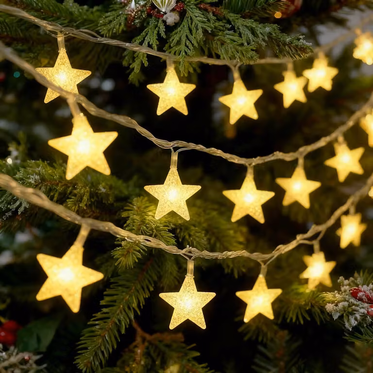 Catena luminosa a forma di stella, 3 metri, 30 LED, luce bianco caldo, alimentata a batteria