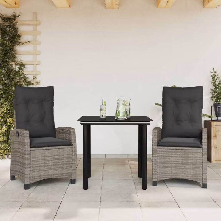 Set da Pranzo da Giardino 3 pz vidaXL in Polyrattan e Vetro Grigio e Nero con Cuscini