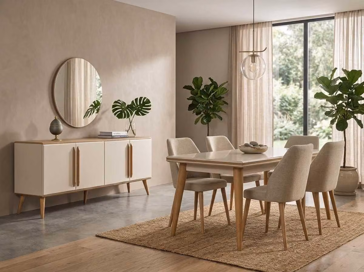 Gruppo di mobili da pranzo beige, stile moderno, lussuoso: tavolo da pranzo, sedie, credenza, specchio