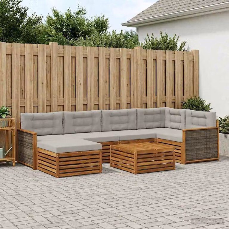 vidaXL Set di divani da esterno a L in legno di acacia con cuscini, beige e grigio