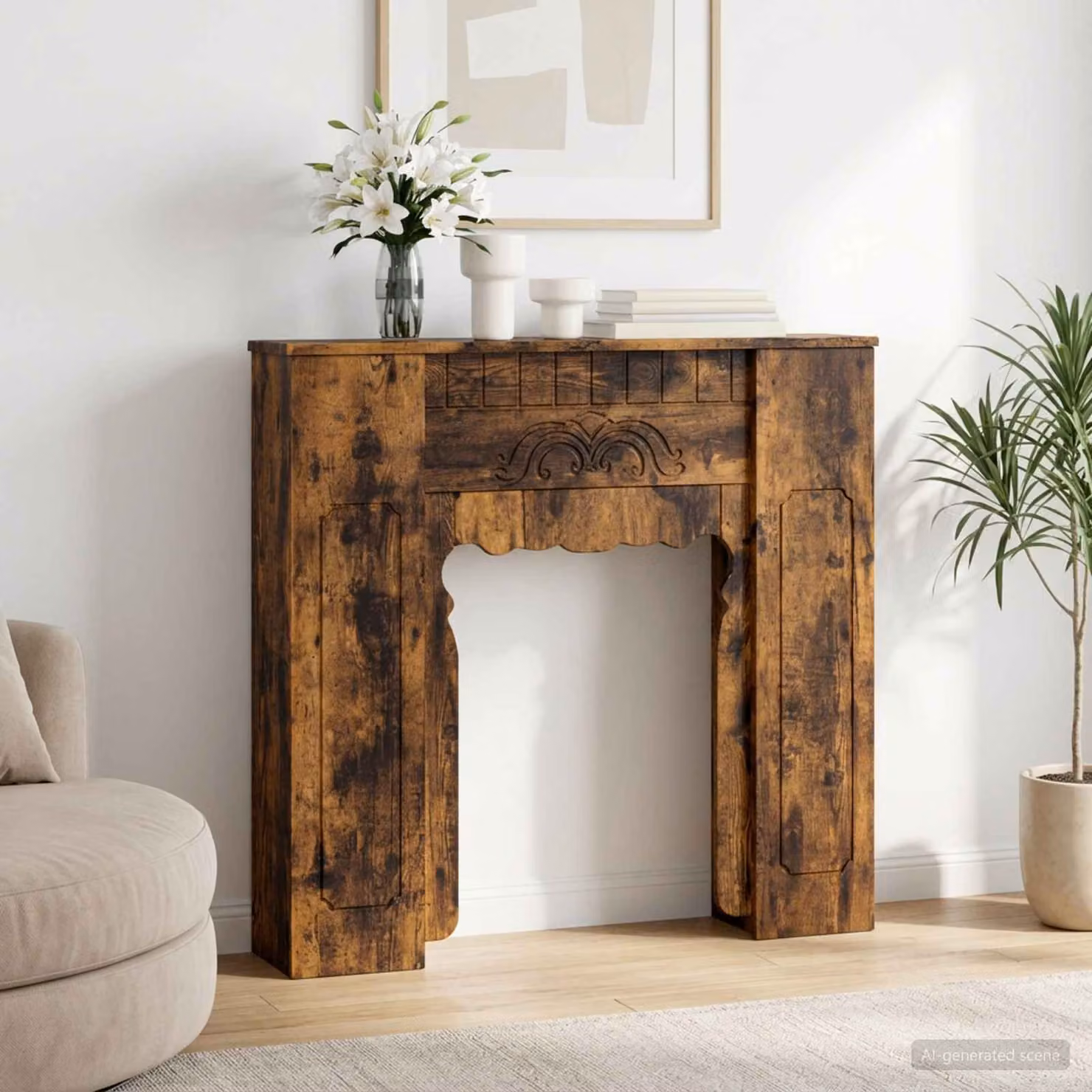 Cornice per camino moderna vidaXL in legno color rovere fumo L: 93 cm, P: 20 cm, H: 89 cm