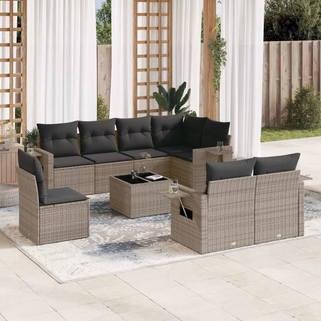 vidaXL Set Divano da Giardino 9 pz a Forma di L in Polyrattan Grigio con Cuscini e Tavolino – 1
