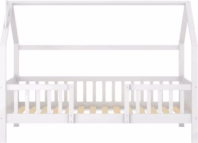 Letto a forma di casetta per bambini in legno di pino, 90x200 cm, colore bianco, senza materasso