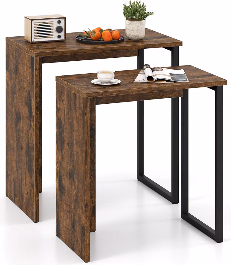 set di 2 tavolini nidificati, tavolino industriale con piano in legno e robusta struttura in metallo, set di tavolini rettangolari per soggiorno, marrone