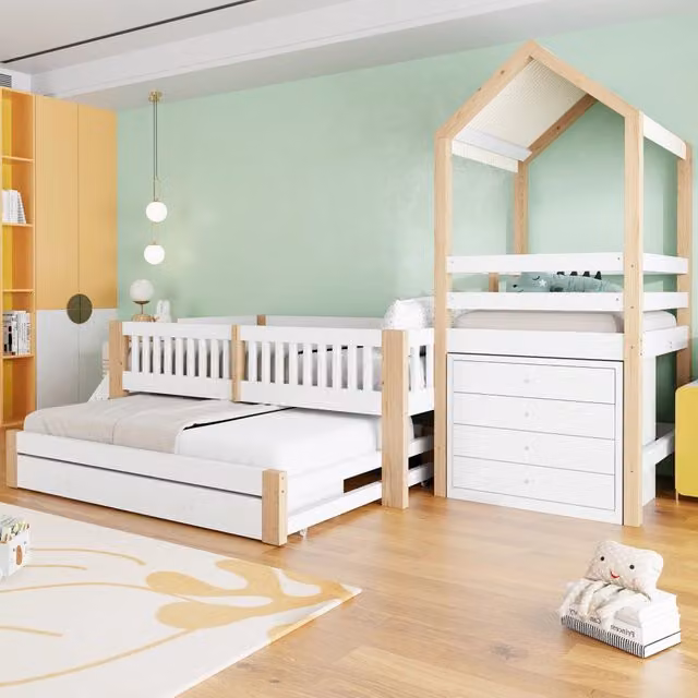 Letto a casetta 90x200 cm con letto estraibile e scala laterale in legno bianco e colore naturale