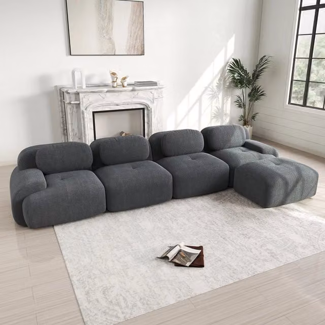 Divano angolare modulare senza telaio in velluto a coste grigio 388×178×70 cm