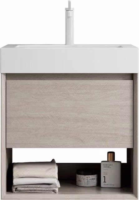 Mobile bagno sospeso Chicfurn con lavabo integrato in resina, 1 cassetto e ripiano aperto, rovere e bianco beige