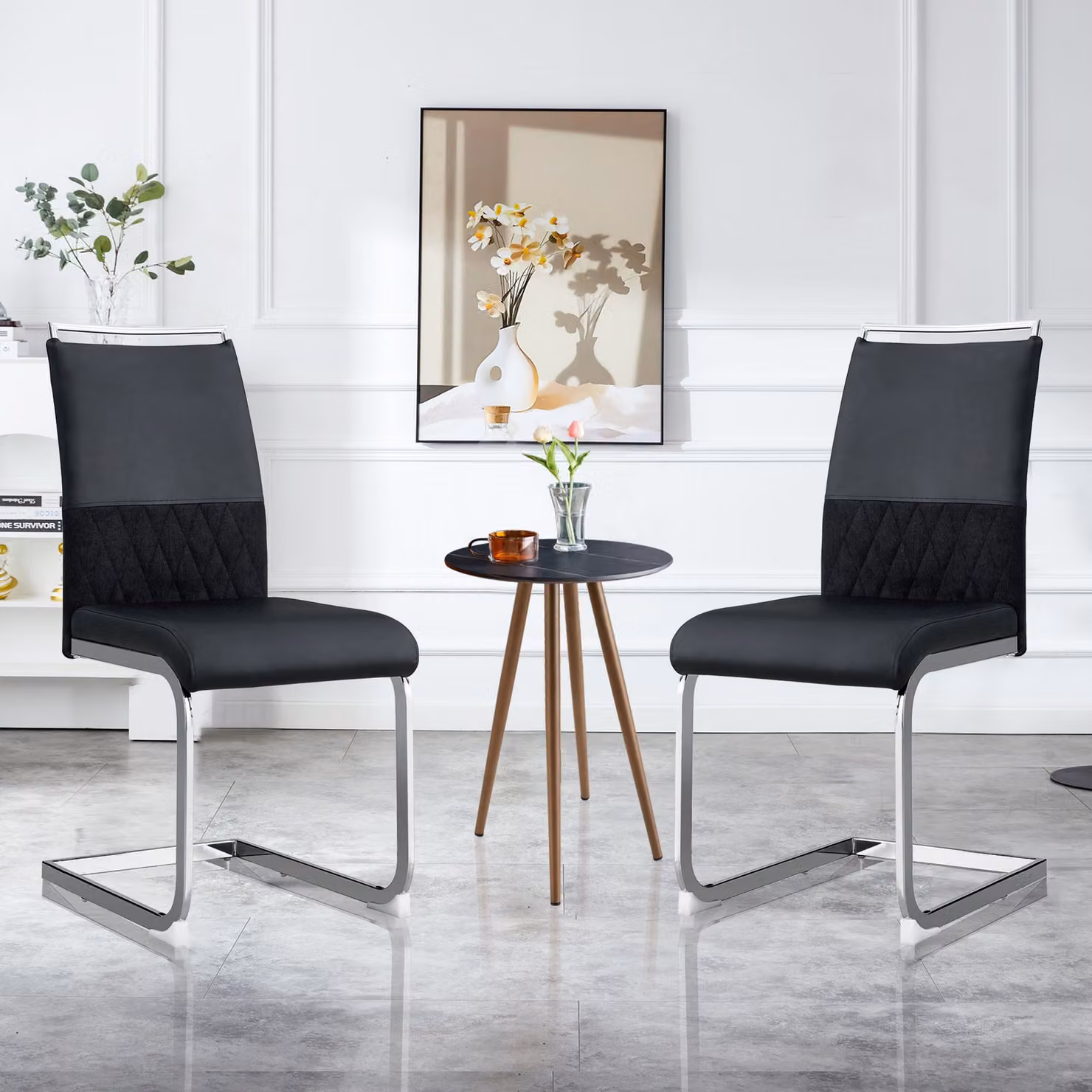 Set di 2 sedie moderne per sala da pranzo, cucina o ufficio, con schienale alto, rivestimento in ecopelle e tessuto imbottito, colore nero – 2