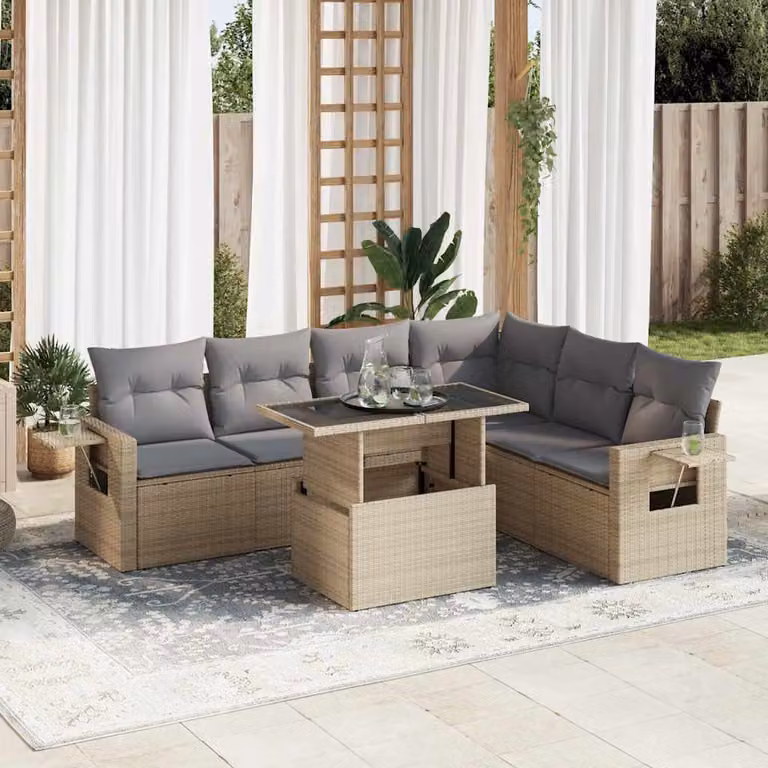 Set Divani da Giardino vidaXL 7 pz a Forma a L con Cuscini Beige e Grigio in Polyrattan e Acciaio