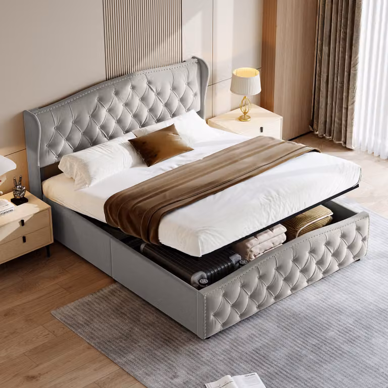 Letto imbottito, 140 x 200 cm, con rete a doghe e contenitore, regolabile idraulicamente, velluto