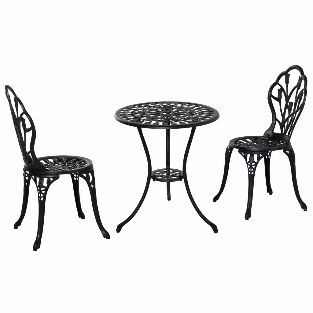 Set da giardino Bistro MODFU composto da tavolo rotondo e 2 sedie pieghevoli in alluminio nero opaco – 2