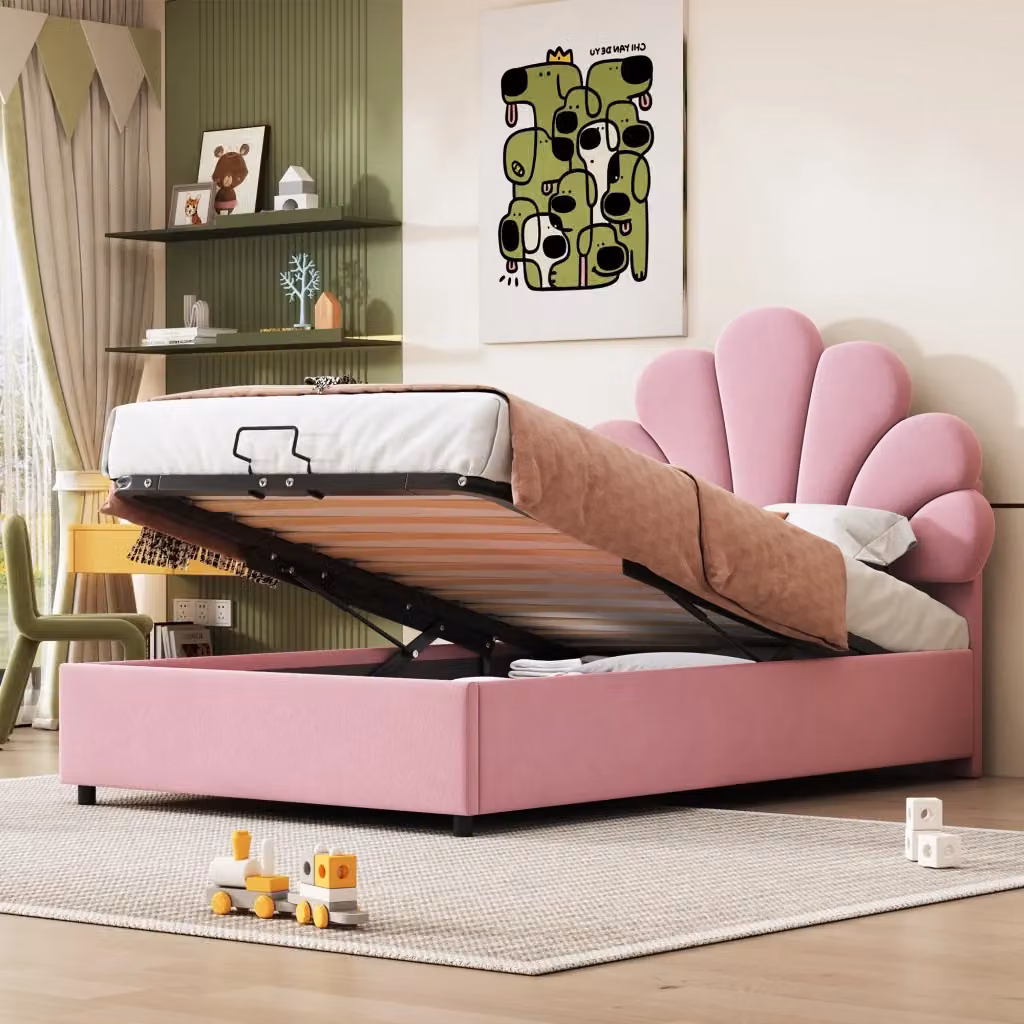 Letto Singolo Contenitore con Testiera Regolabile e Apertura Idraulica in Velluto Rosa L/P/H: 90 x 200 x 115 cm – 2