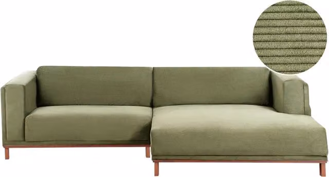 Divano angolare a sinistra BELIANI in velluto a coste verde con gambe in legno oliato e imbottitura in schiuma, stile moderno per il tuo salotto, L/P/H: 310 x 155 x 84 cm
