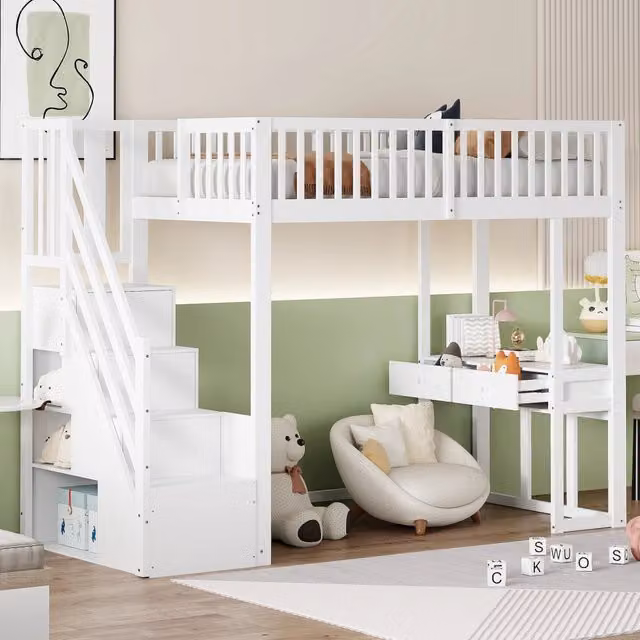 Letto a castello bianco con scrivania multifunzione in legno di pino 90x200 cm