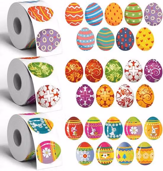 Set di adesivi pasquali - Adesivi per una Pasqua gioiosa - 3 rotoli - 1500 adesivi pasquali con coniglietti e uova di Pasqua - Decorazioni pasquali - Design colorato con uova e coniglietti - 3 x 3,8 cm - Ideali per decorazioni e regali