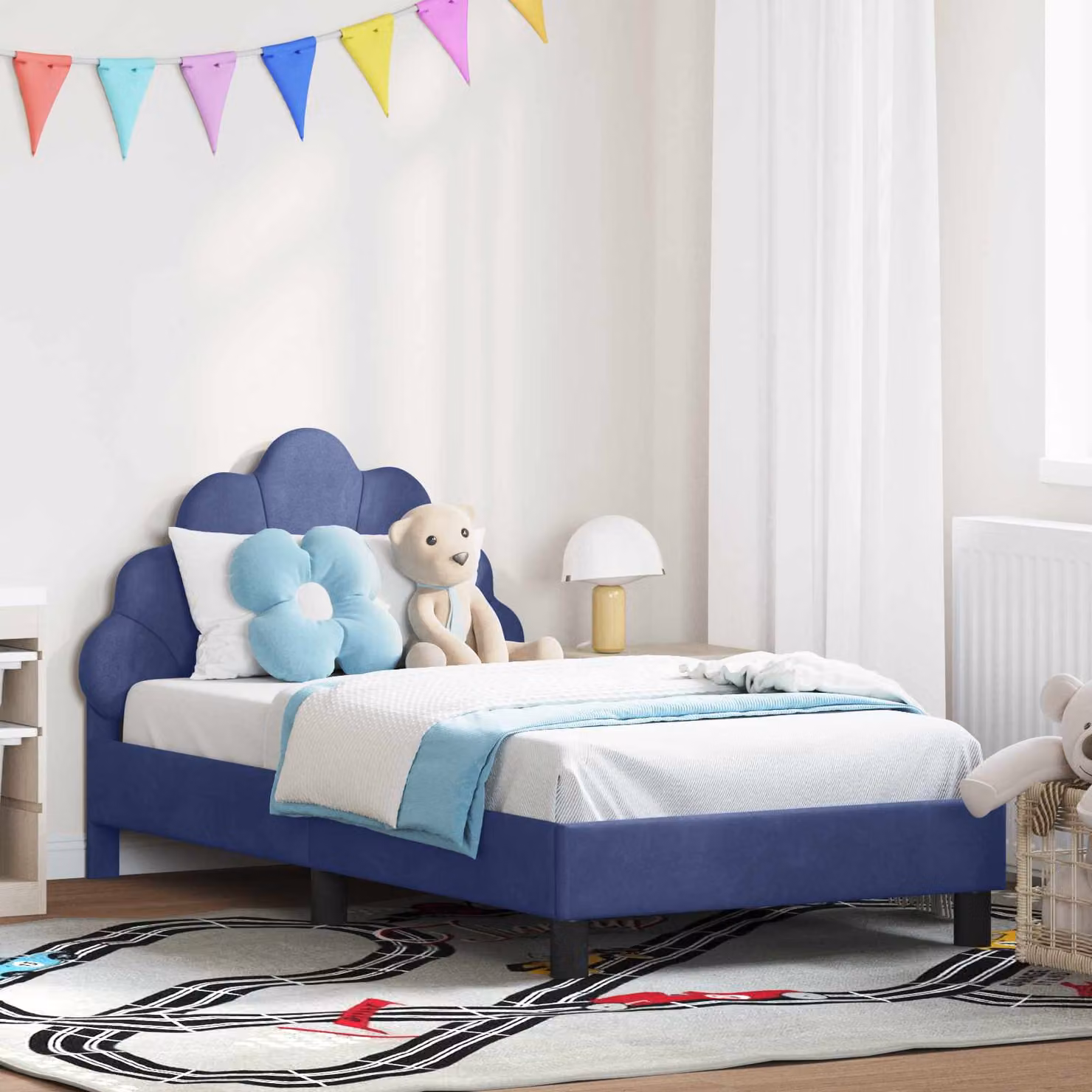 Struttura letto per bambini vidaXL in velluto blu con testata, L 160 x P 80 x H 90 cm