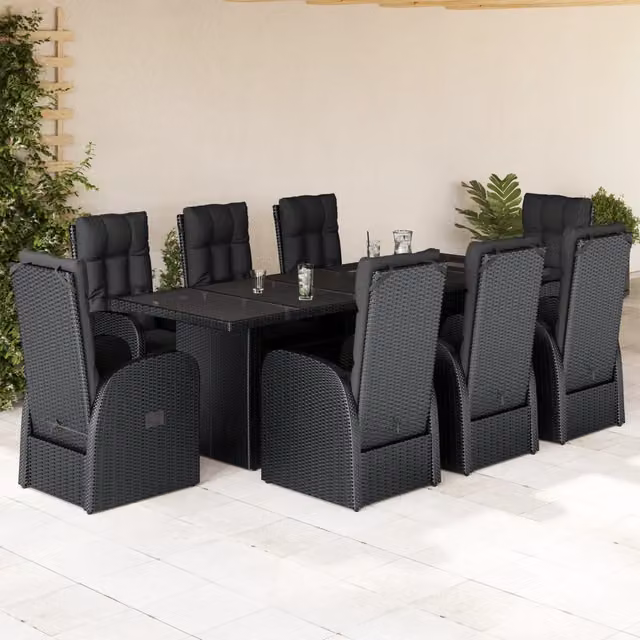 Set da pranzo da giardino vidaXL in polyrattan nero con cuscini e tavolo in vetro, 9 pezzi