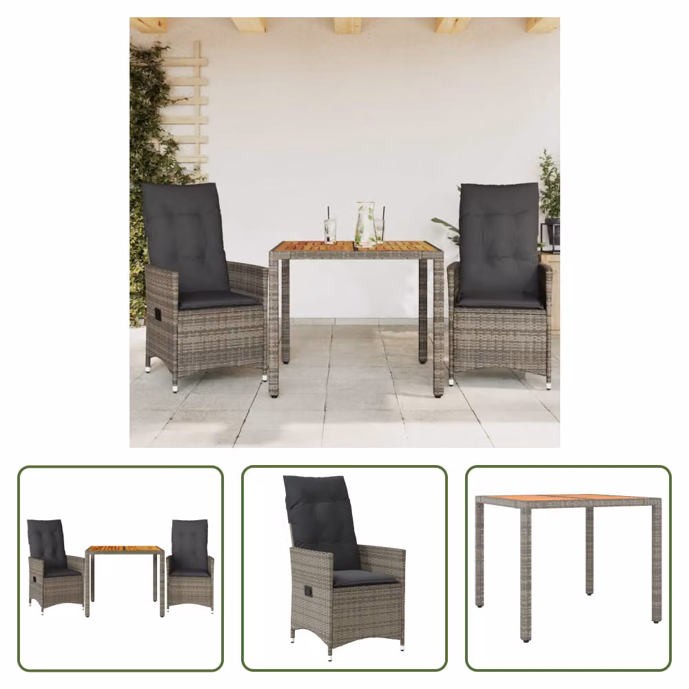 The Living Store Set bistrot 3 pezzi con cuscini in poly rattan grigio