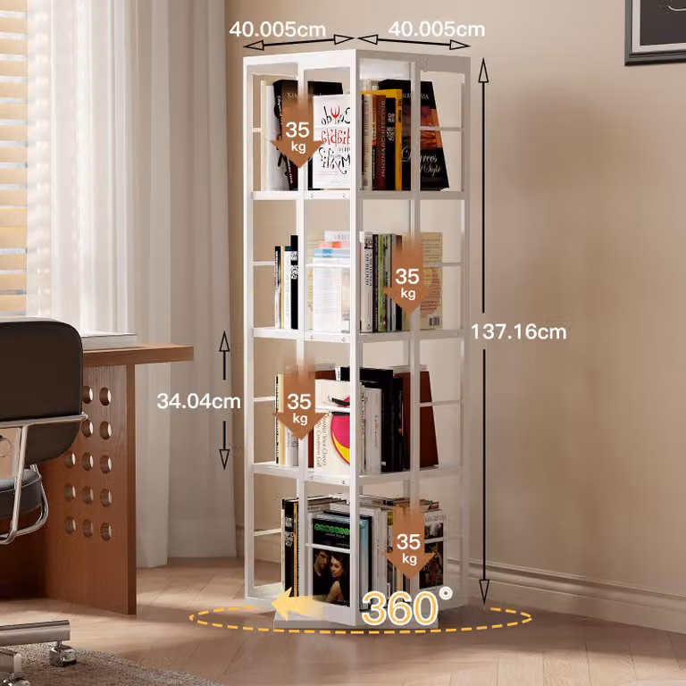 Libreria girevole - Rotazione a 360 gradi - 4 ripiani - Legno - Mobile stretto - Libreria angolare