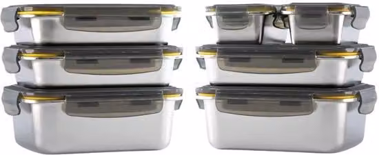 Set di 7 contenitori in acciaio inossidabile per alimenti - 3 x 820 ml + 2 x 1200 ml + 2 x 260 ml - ermetici - adatti per forno a microonde, forno, congelatore - per la preparazione di porzioni.