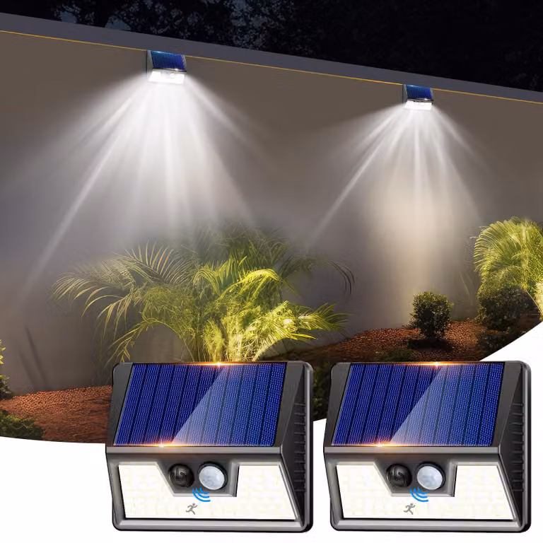 Lampade solari con sensore di movimento, 2 pezzi, 66 LED, 800 lumen, luce bianca fredda