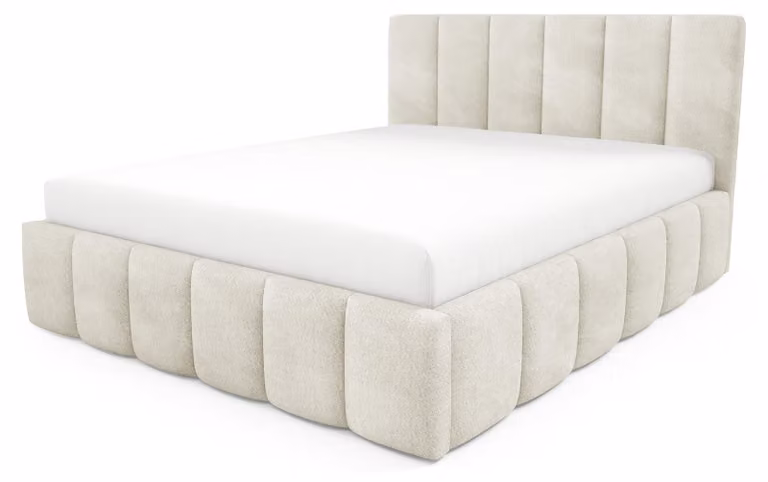 Letto imbottito con contenitore, rivestito in lino beige, dimensioni 160 x 200 cm