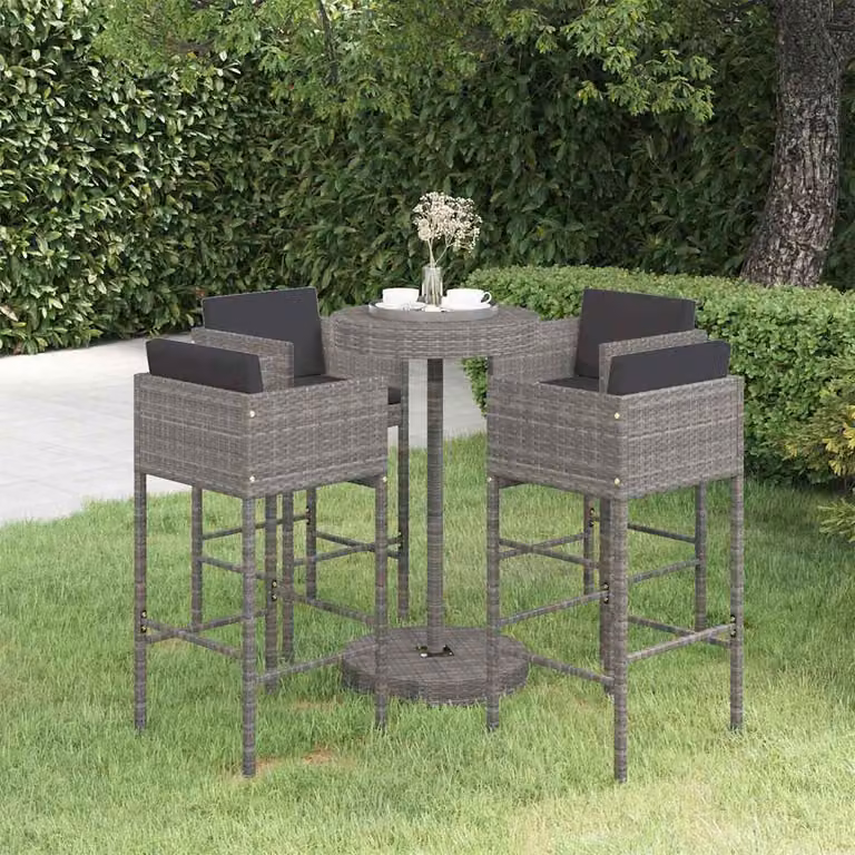 Set da Bar da Giardino vidaXL in Polyrattan Grigio con 5 Pezzi e Cuscini