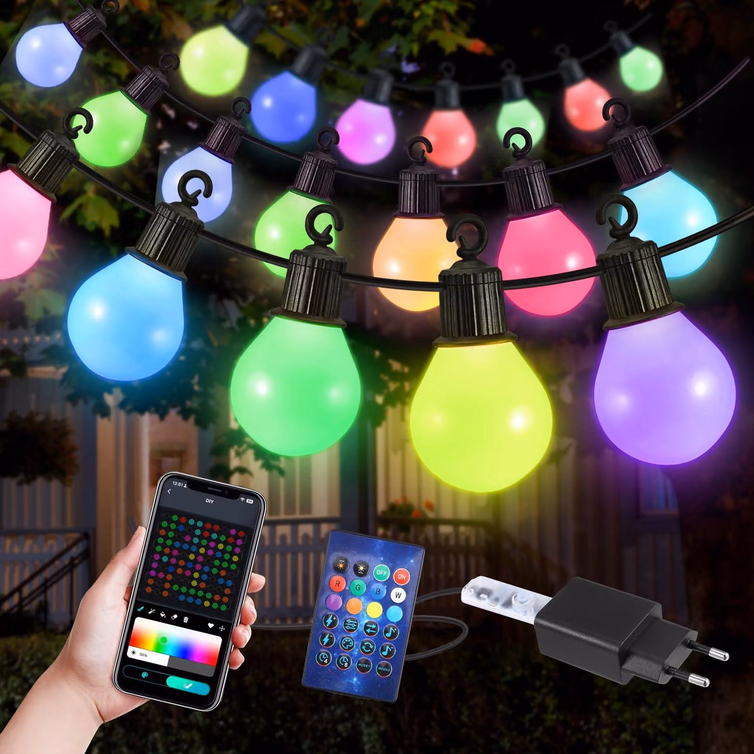 Catena luminosa da 30 metri, con 50 LED, controllabile tramite app e telecomando, con 16 milioni di colori