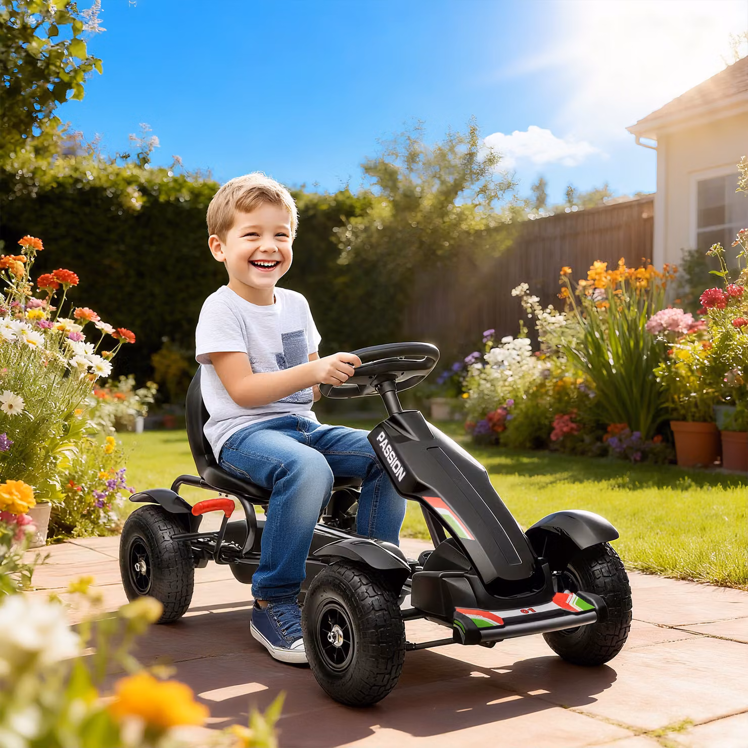 Go Kart a Pedali HOMCOM per Bambini 5-12 Anni in Metallo e PP Nero con Sedile Regolabile e Freno a Mano, L: 121 cm, P: 58 cm, H: 61 cm – 2