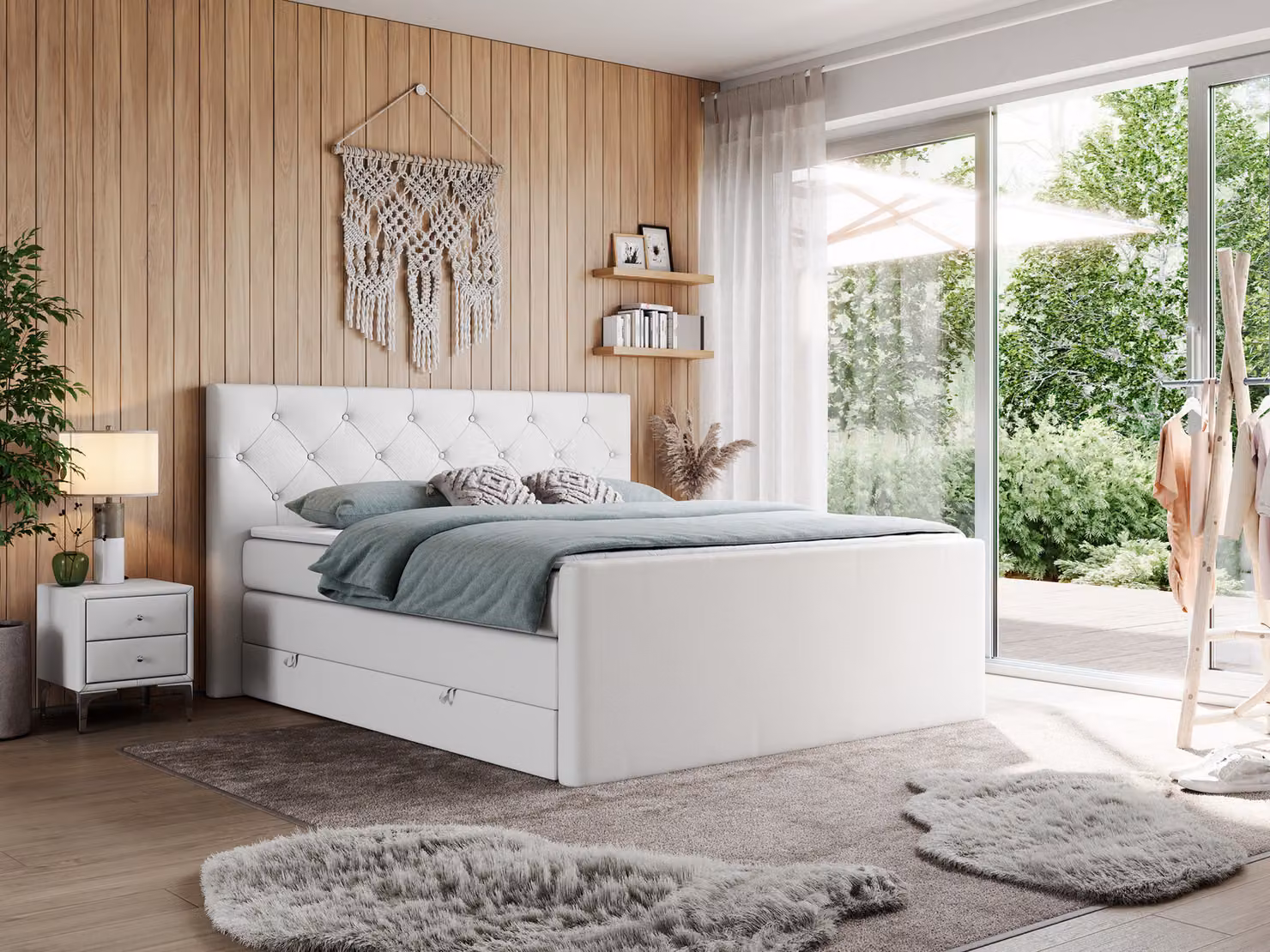 Letto matrimoniale con materasso Multipocket e coprimaterasso, letto boxspring con cassetti - KING VELEN - 140x200 cm - Bianco - H4