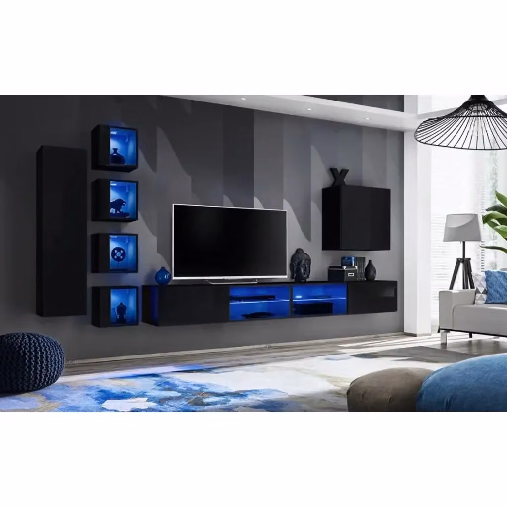 Set di mobili da soggiorno moderni Meublorama con lowboard, unità alta e vetrina, finitura opaca, colore nero e bianco – 2
