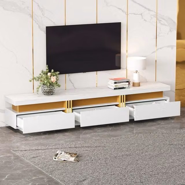 Set mobile TV e tavolino da salotto bianco effetto marmo; pannello truciolare